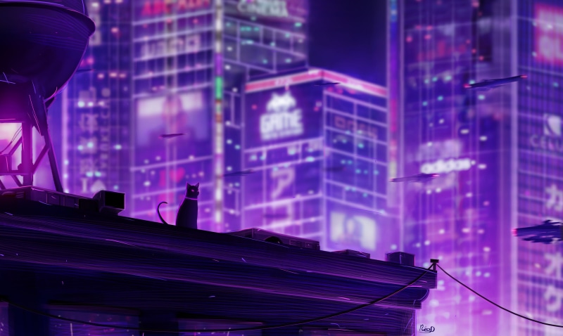 backlighting, purple, animals, architecture, cityscape, digital, artwork, digital art, neotokyo, neon lights, city lights, cats, futuristic city, futuristic