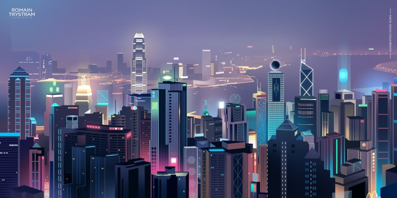neon glow, glowing, futuristic city, 1080P, drawing, Romain Trystram, block of flats, neon lights, city, cityscape