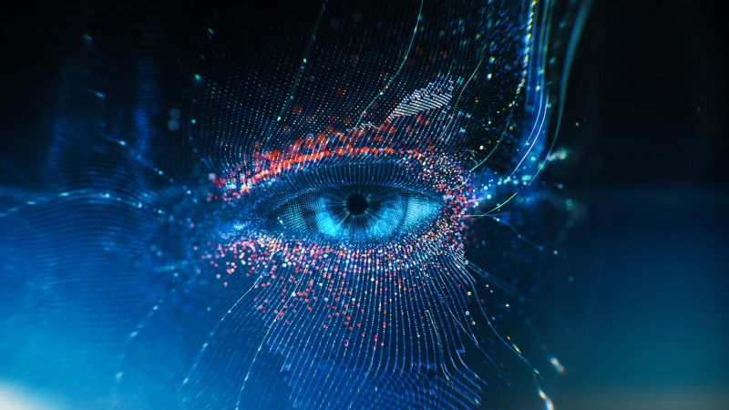 dark, digital art, one person, 1080P, dots, blue eyes, human eye, modern, human face, macro, blurred Motion, internet, futuristic, digital, human body part