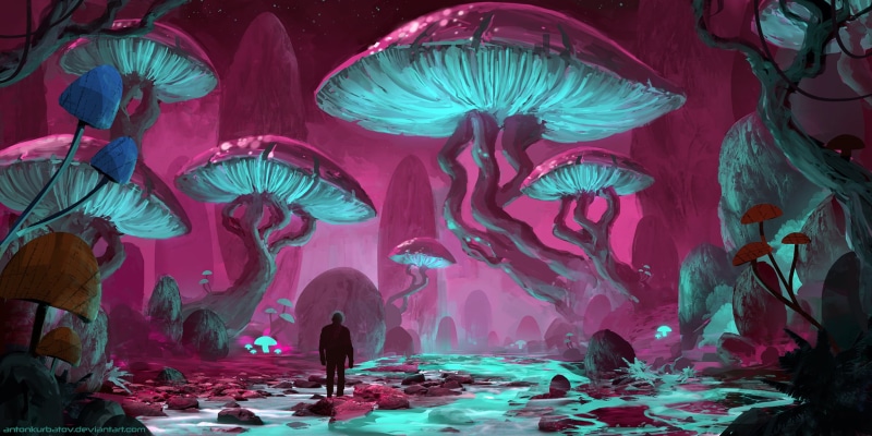 silhouette, dark, cyan, giant, men, landscape, aliens, outdoors, trees, space, planet, environment, illustration, atmosphere, digital painting, concept art