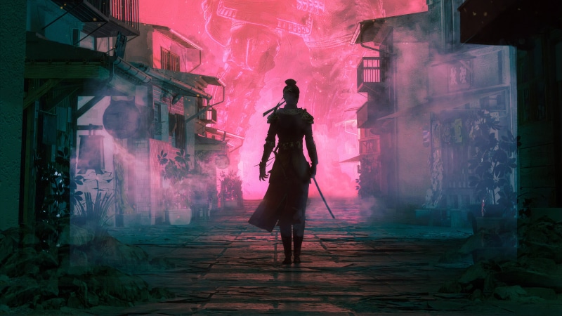 drawing, sword, concept art, digital art, illustration, 4K, warrior, silhouette, digital, fantasy art, Japan, house, environment, artwork, dark, digital