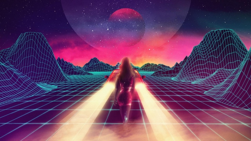 night, long hair, abstract art, grid, vaporwave, neon art, stars, retro style, synthwave, retrowave, sky, space, planet, retrofuturism, artwork, 1980s