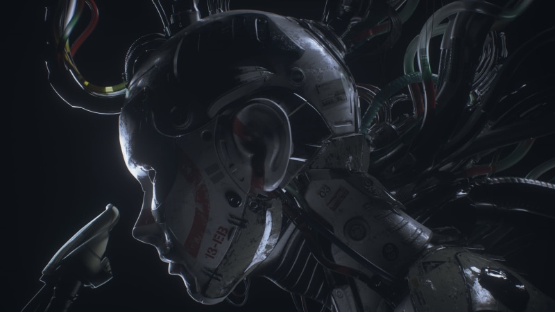 portrait, black background, no people, indoors, technology, representation, futuristic, artwork, still life, complexity, body part, 1080P, science fiction