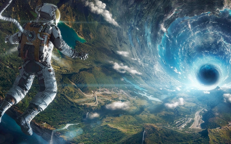 mid-air, scenics - nature, leisure activity, artificial gravity, environment, space, landscape, men, sky, NASA, space art, 2K, nature, painting, mountain
