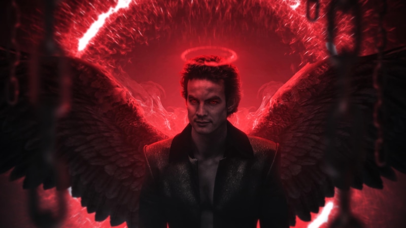 Photoshop, environment, 2K, red background, digital art, fallen angel, concept art, digital, dark, artwork, fictional character, Lucifer, red, red eyes
