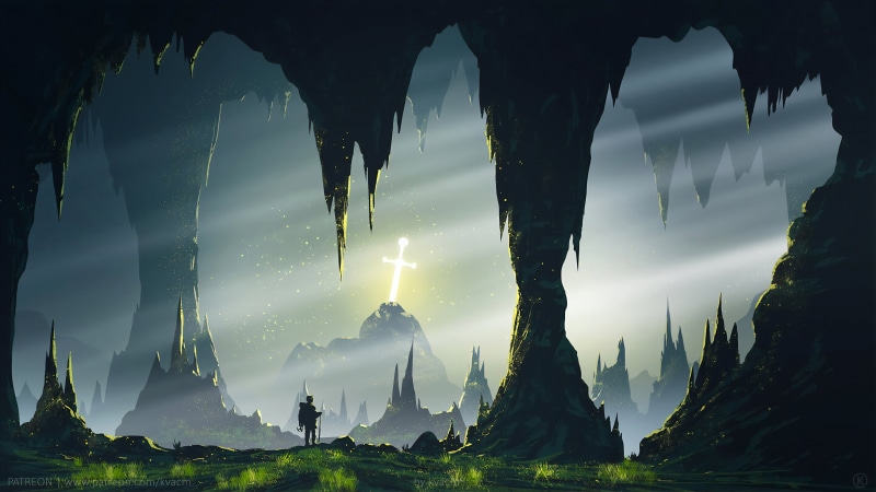 fantasy art, Excalibur, digital painting, weapon, drawing, glowing, illustration, environment, nature, digital, digital art, people, dark, hiking, rocks