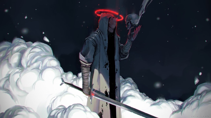 ArtStation, demon, science fiction, fantasy art, sword, 2D, horns, concept art, 1080P, clouds, hoods, artwork, drawing, glowing, original characters, dark fantasy