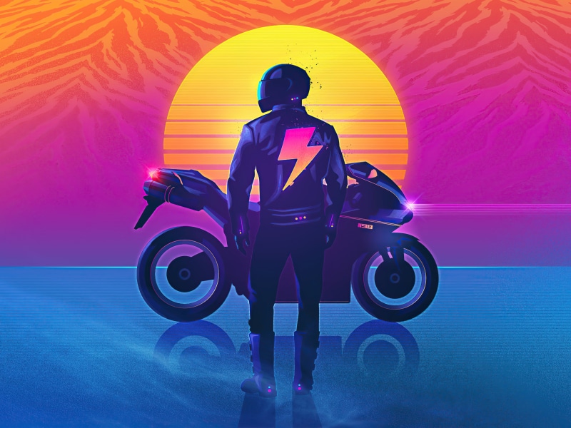 vehicle, jacket, 1980s, neon, artwork, transport, Retrowave, illustration, Sun, digital art, vaporwave, 4K, motorcycle, synthwave, motobike, helmet, biker