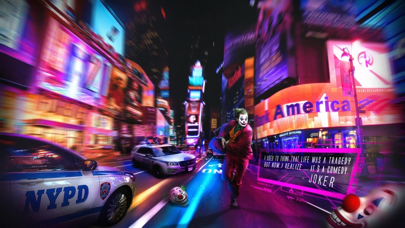 digital art, Joker, city lights, digital, building, city, transport, New York City, sign, 4K, lights, police, street light, Photoshop, photo manipulation