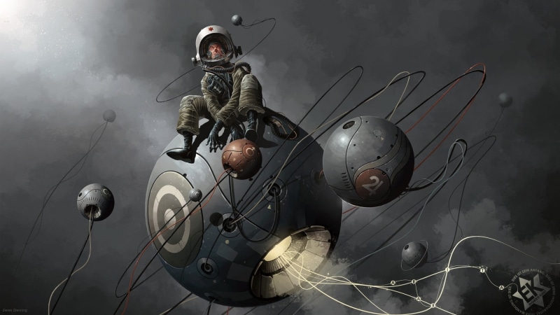sitting, ball, men, indoors, technology, one person, sports helmet, wires, sky, universe, waist up, digital art, gun, digital, digital composite