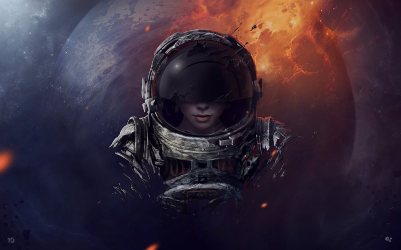 drawing, astronaut, lifestyles, leisure activity, protective workwear, helmet, nature, 1080P, spacesuit, planet, surreal, abstract, weapon, wearing, headshot