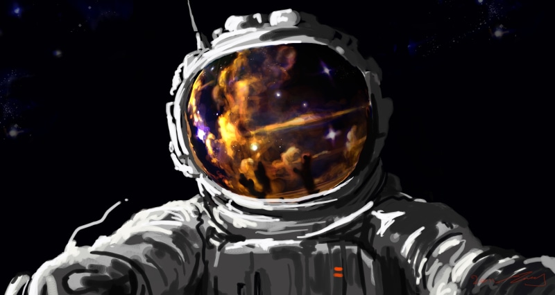 indoors, astronaut, clothing, painting, black background, helmet, reflection, illustration, males, studio shot, obscured face, headwear, futuristic, fantasy art
