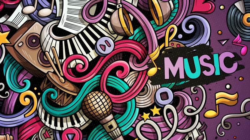 4K, colorful, modern art, drawing, artwork, graphics, doodle, purple, illustration, design, cartoon, art, graphic design, music