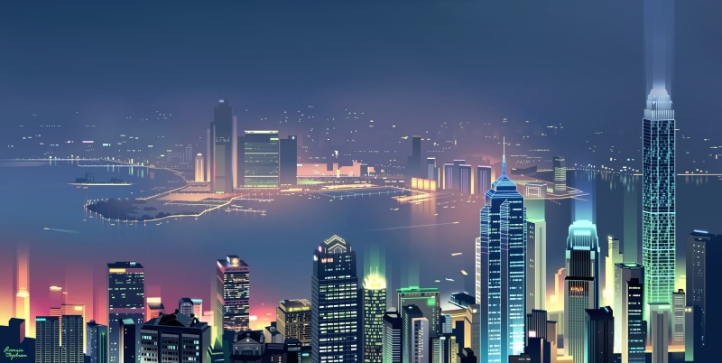 Building, The city, 2K, Architecture, Light, Vector, River, Style, Lighting, Skyscrapers, Art, Night, House, by Romain Trystram, Romain Trystram, Skyscraper