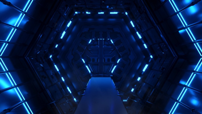 glowing, spaceship, space, 2K, 3D Abstract, polygon art, tunnel, shining, octagons, neon