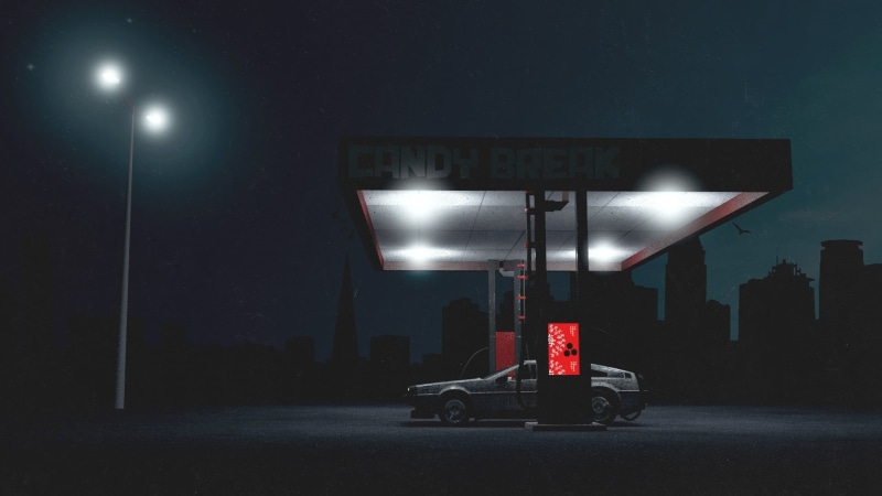 The city, Night, by Trey Trimble, Transport and Vehicles, Music, Illustration, Art, Futuresynth, Synthwave, Sintav, DeLorean, Gas stations, Neon, Machine