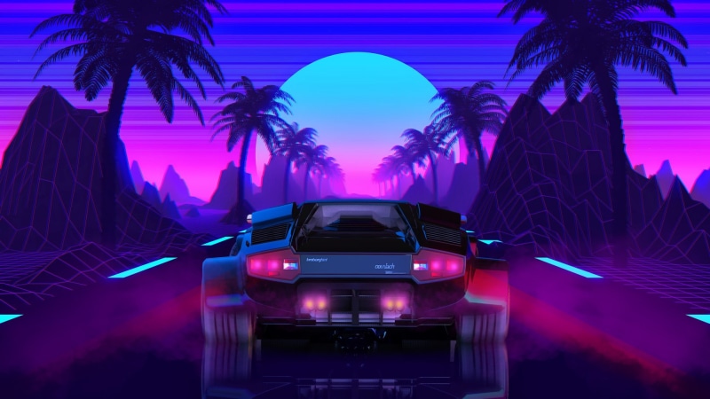 80s, Outrun, Countach, The sun, New Retro Wave, Lamborghini, Retrowave, Synthwave, 1080P, Transport and Vehicles, Synth, by Federico Zimbaldi, back to the 80s