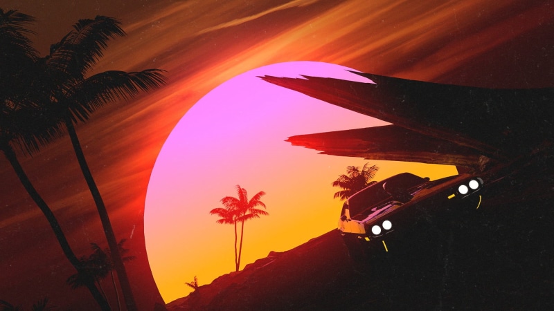 80s, Synth, 1080P, Retrowave, Transport, Transport and Vehicles, Style, Machine, by Trey Trimble, Outrun, Synthwave, The sun, Sunset, Futuresynth, Concept Art