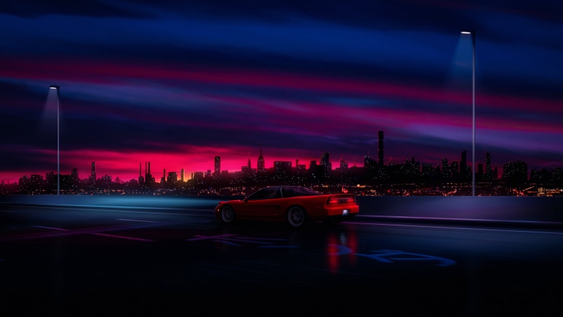 red cars, 4K, Honda NSX, OutRun, artwork, bridge, city, highway, panorama, render, digital art, hiragana, katakana, vehicle, supercars, car, Kana, road