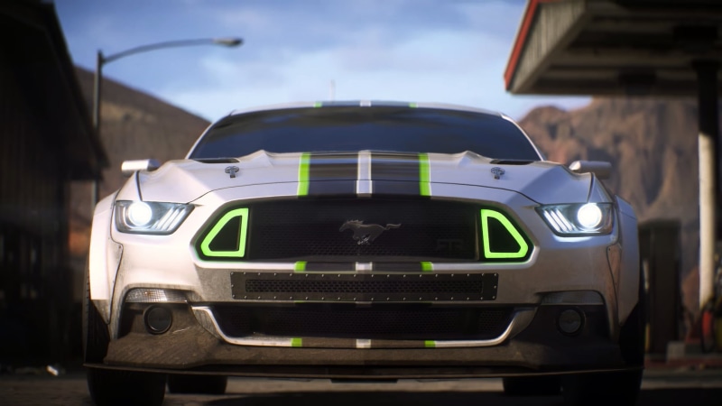 Need for Speed, video games, sky, ford, close-up, front view, cloud - sky, motor vehicle, coupe, built structure, mustang, focus on foreground, mode of transportation