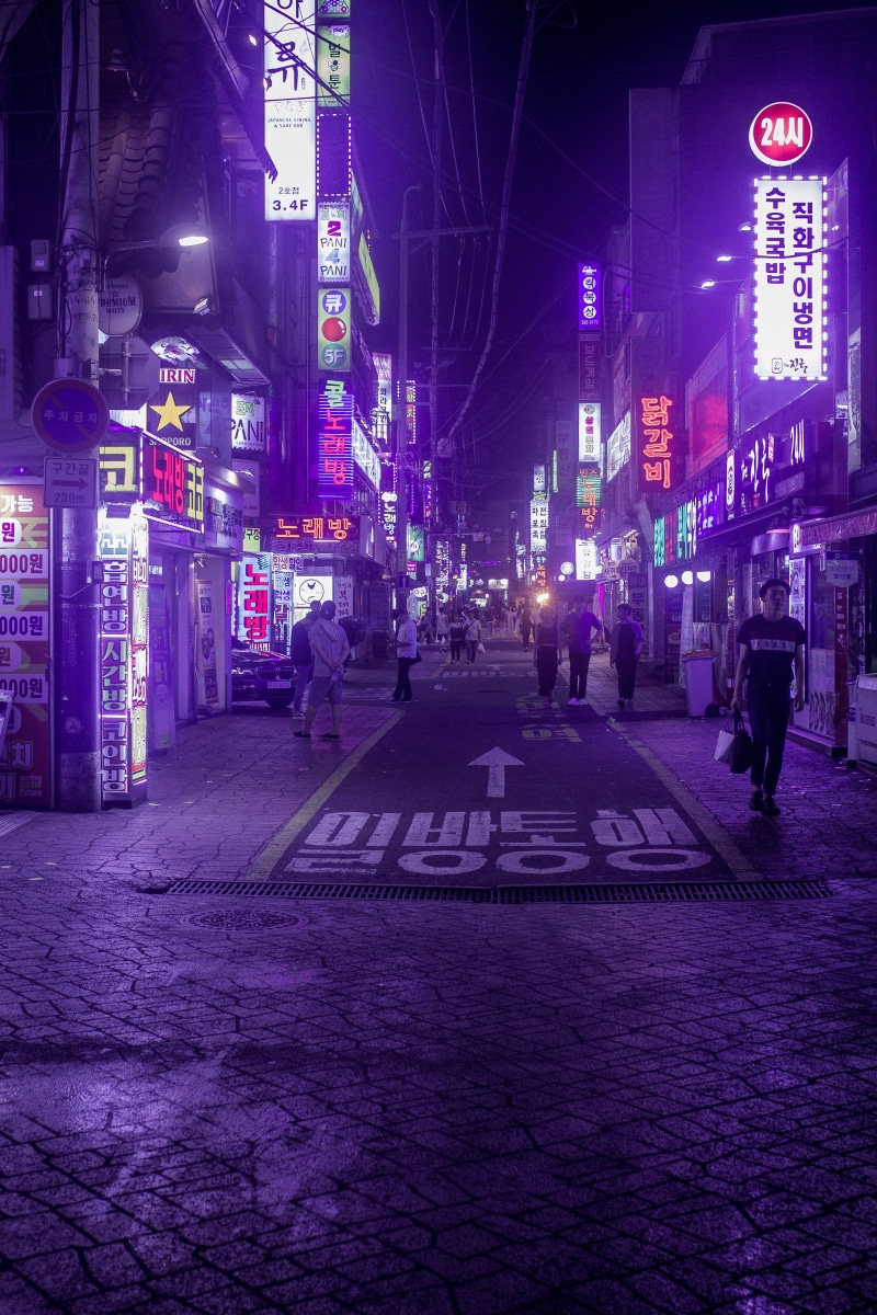 city, city life, urban, street, crosswalk, outdoors, korea, cyberpunk, seoul, real people, group of people, lighting equipment, 5K, road, built structure