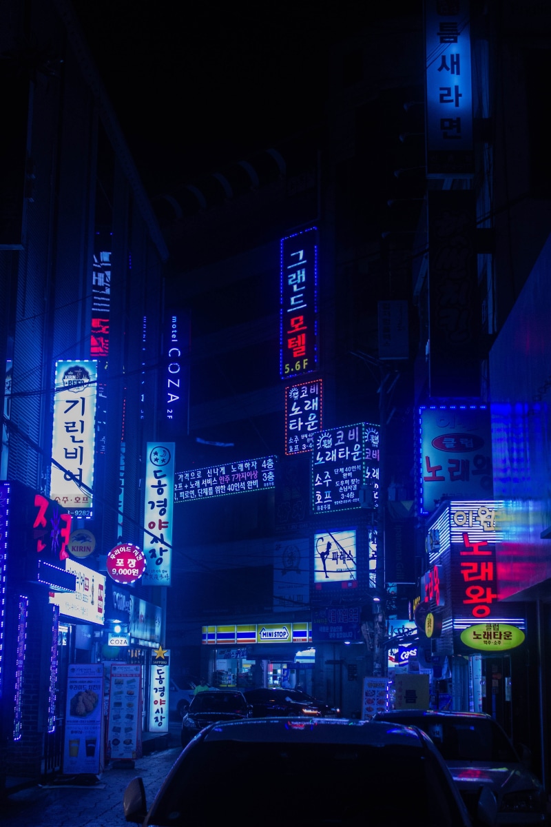 urban, asia, blue neon light, korea, china - East Asia, city Life, neon Color, people, traffic, street line, japan, building Exterior, street Light, street view