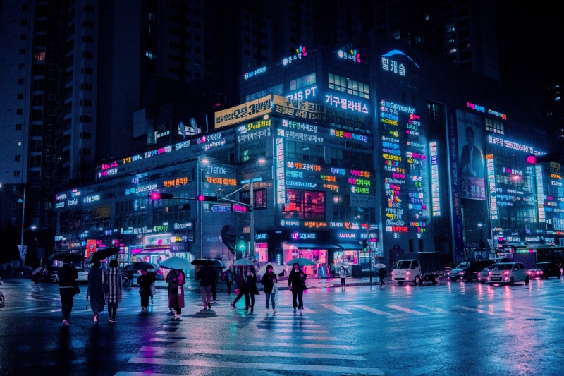 blurred Motion, outdoors, photography, 8K, downtown District, seoul, neon, famous Place, china - East Asia, urban Scene, rain, built Structure, night