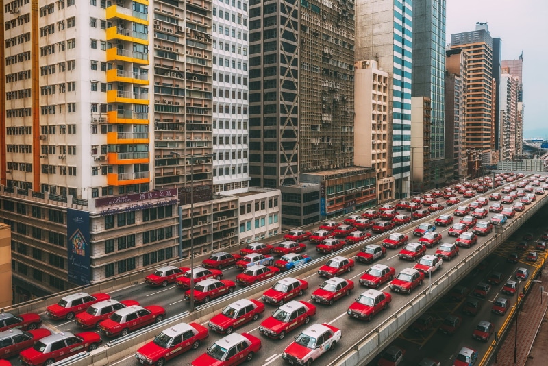 architecture, modern, skyscraper, car, 1080P, red, built structure, residential district, vehicle, building exterior, concrete, city life, red cars, outdoors