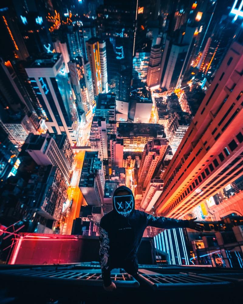 outdoors, 4K, building exterior, city, Hong Kong, mask, rooftops, skyscraper, China, looking at camera, leisure activity, cityscape, night, urbex, front view