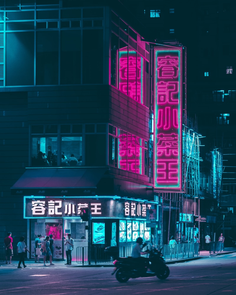 nightlife, sign, city, street, neon Light, travel Destinations, famous Place, magentum, built Structure, man, editorial, cityscape, neon, scooter, tone
