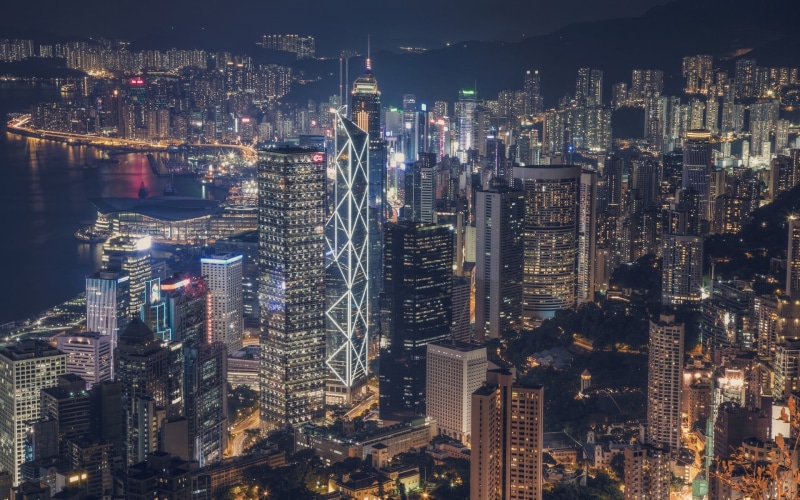 financial district, night, tower, downtown district, travel destinations, built structure, skyline, nightlife, outdoors, tall - high, hong, residential district