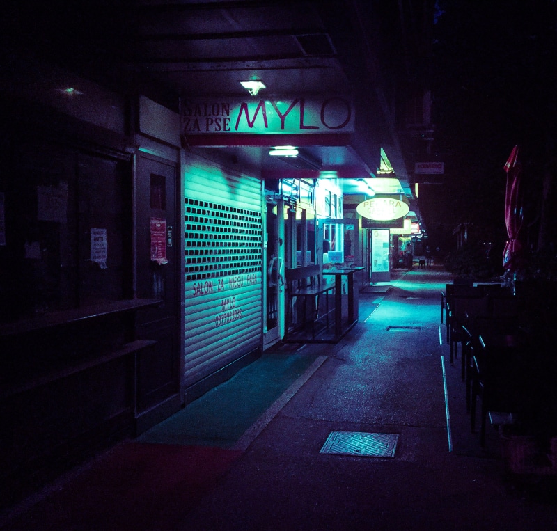 night, sidewalk, lighting equipment, built structure, illuminated, architecture, direction, vaporwaveaesthetics, transportation, building, street, no people