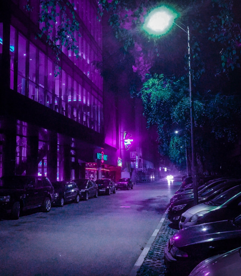 car, building exterior, bladerunner, photography, lighting equipment, pollution, illuminated, street, zagreb, night, outdoors, cyberpunk, 2K, street light