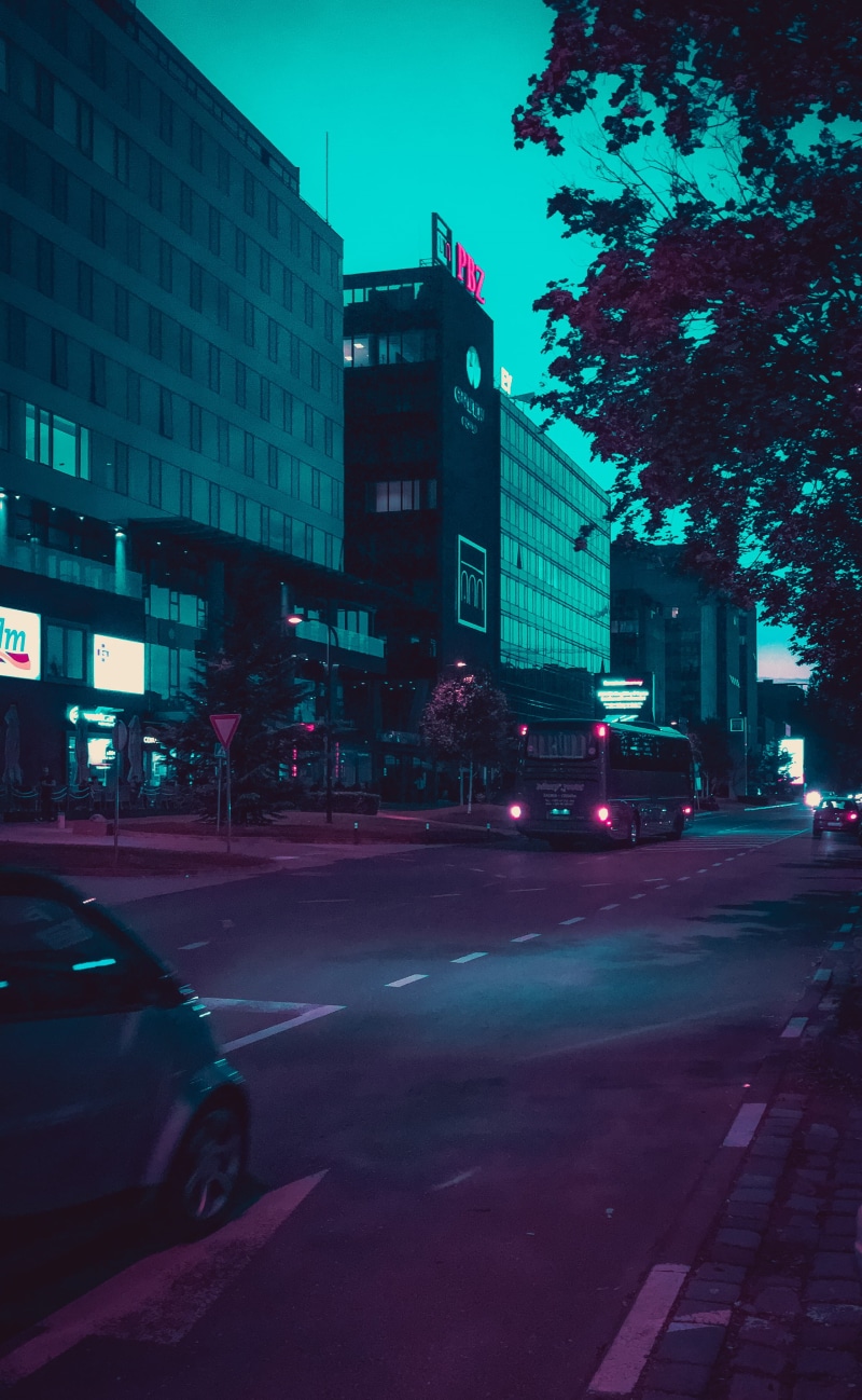 photography, people, dusk, vaporwave, mode of transportation, office building exterior, land vehicle, car, sky, bus, transportation, motor vehicle, city street