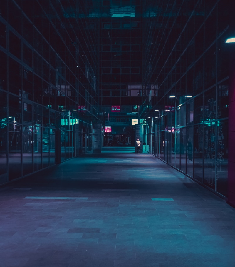 light - Natural Phenomenon, no People, scifi, person, vaporwave, technology, building, hallway, city, cyan, lighting Equipment, standing, photography, bladerunner
