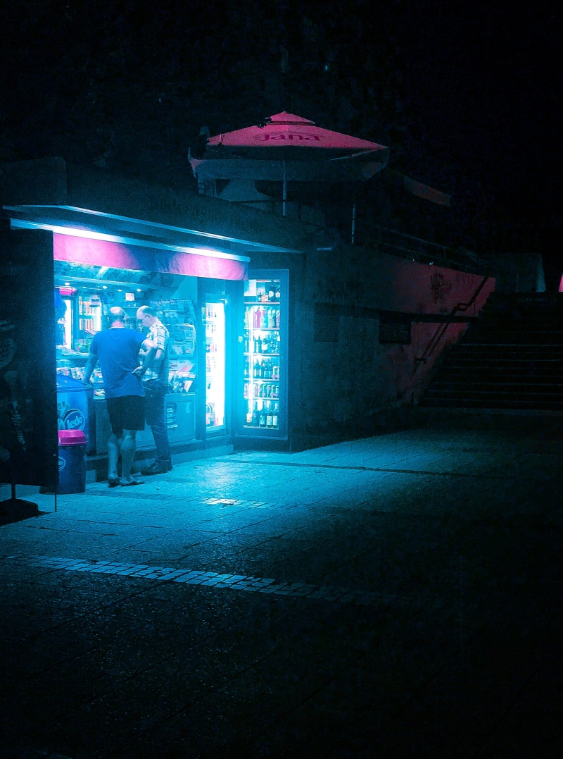 retrofuture, neon, illuminated, men, croatia, full length, bladerunner, standing, outrunvisuals, real people, night, vaporwave, dark, retrofuturism, umbrella