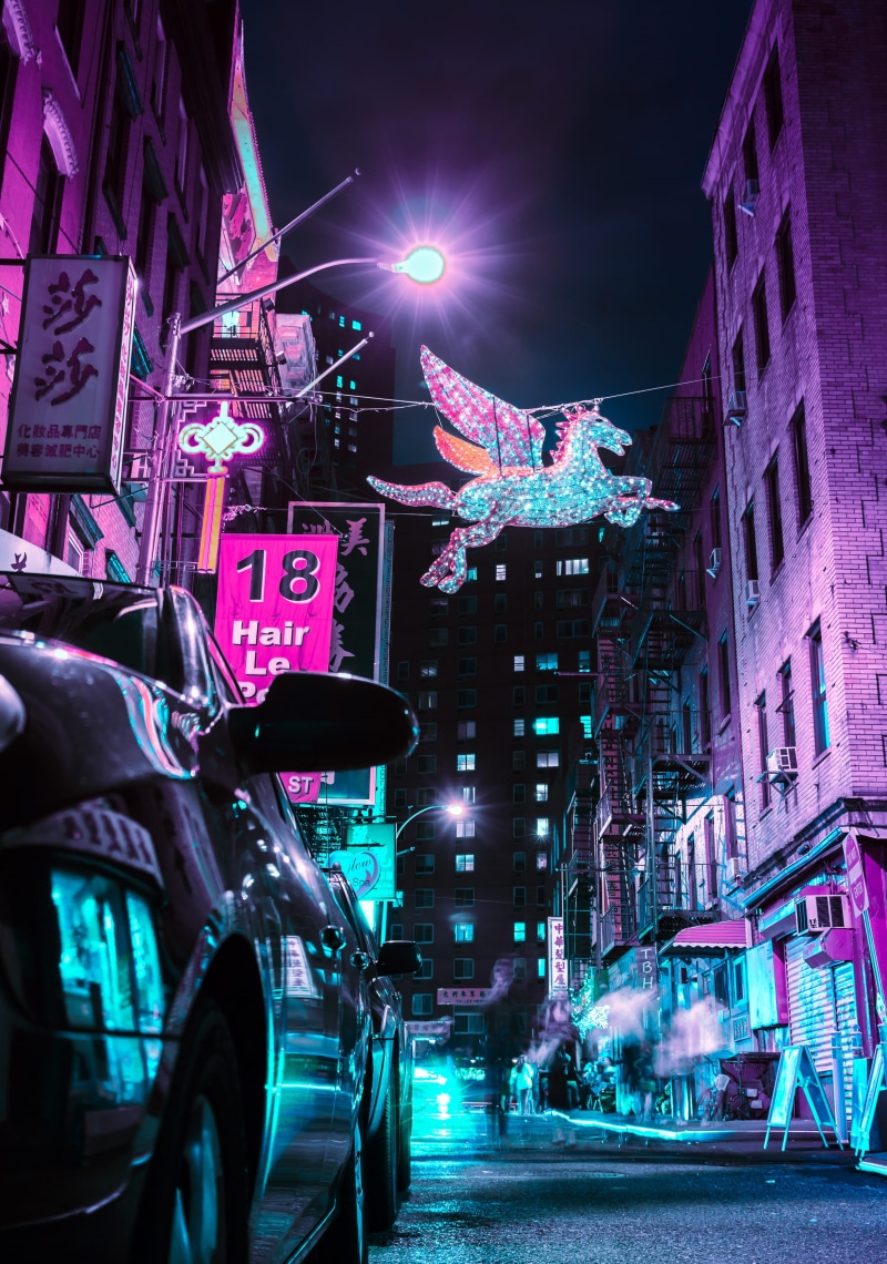 sign, vehicle, travel Destinations, flying, urban Scene, famous Place, new York City, nightlife, city Life, 2K, neon Light, unicorn, people, night, neon