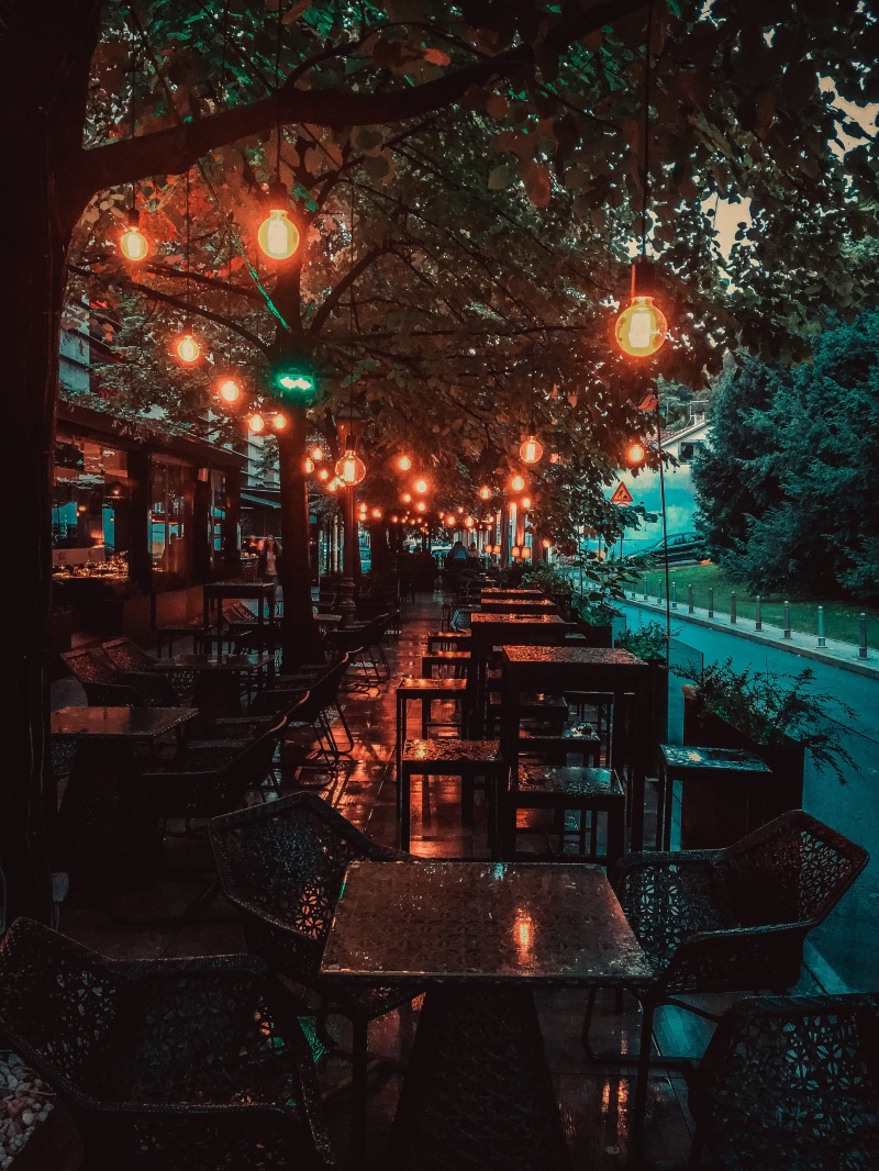 restaurant, street, night, vaporwave, retrowave, tree, city, vintage, photography, dusk, 4K, street light, nature, built structure, lights, building exterior