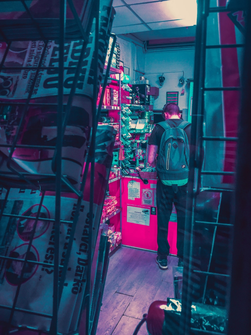 person, vaporart, cyberpunk, 4K, built structure, indoors, women, scifi, retrowave, one person, market, choice, outrun, architecture, store, neon, retail