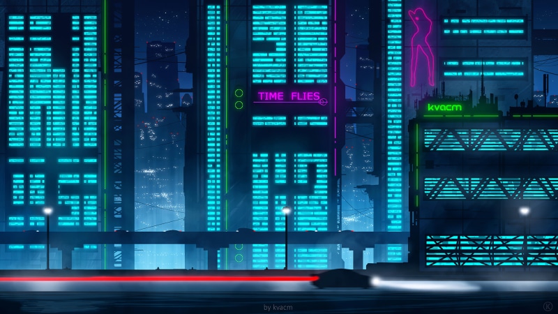Retrowave, futuristic city, neon, blue, night, cyber city, neon sign, 4K, red, illustration, architecture, green, city, futuristic, landscape, cityscape