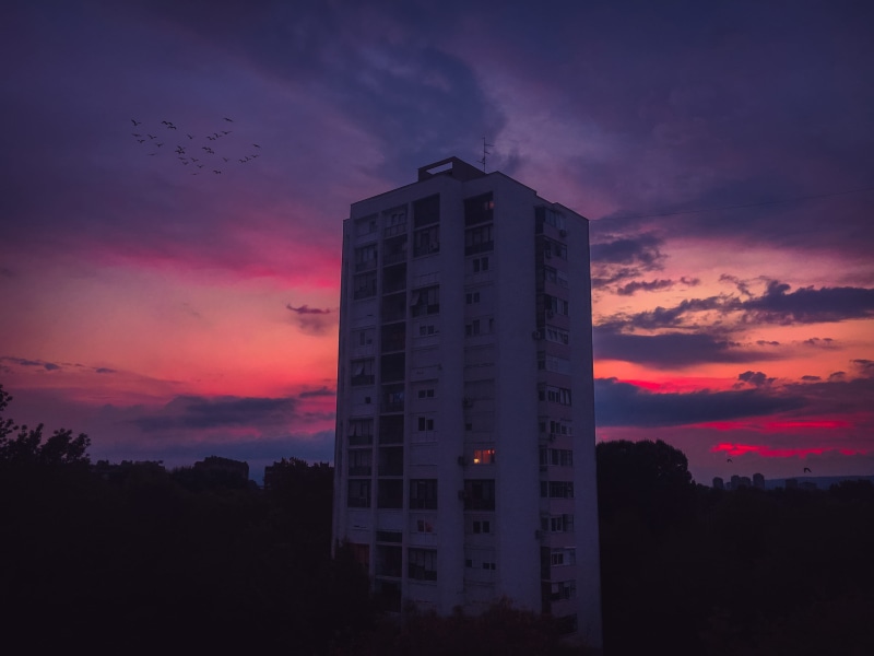 outrunvisuals, outdoors, tall - high, orange, nature, croatia, animal themes, silhouette, cloud - sky, building exterior, 4K, sunset, built structure