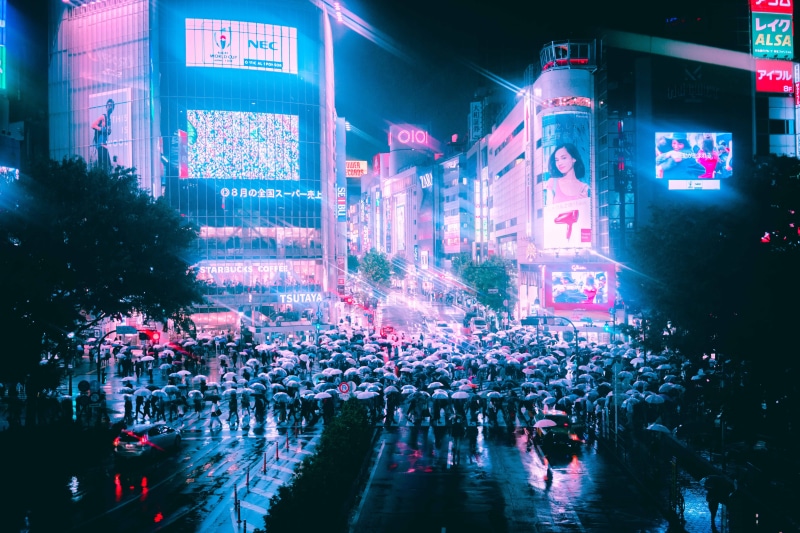 cyberpunk, tokyo, traffic, street, asium, urban, editorial, neon, crowded, manhattan - New York City, business, weather, city Life, umbrella, large Group Of People