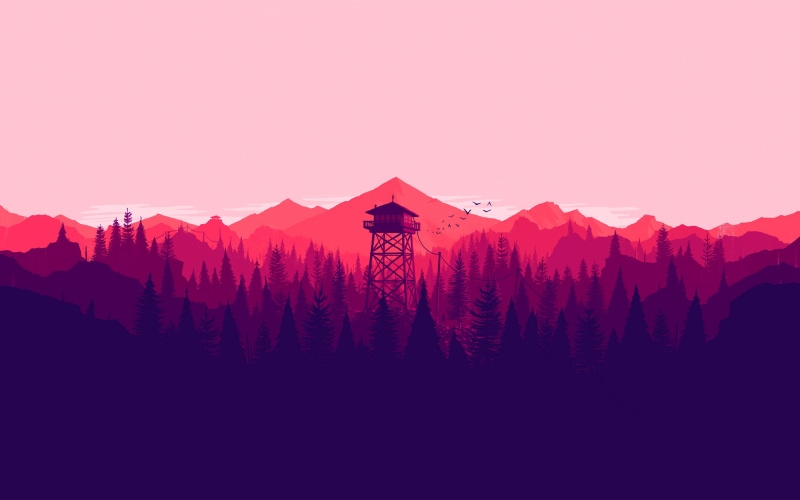copy space, coniferous tree, watch, Olly Moss, beauty in nature, night, Firewatch, clear sky, video games, no people, fog, silhouette, mountain, fire lookout tower