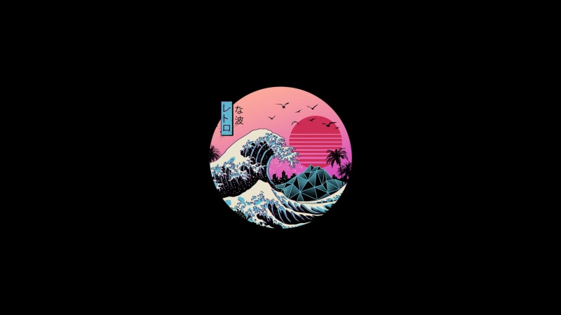 Retrowave, The Great Wave off Kanagawa, 1080P, waves, Retro style, Japan