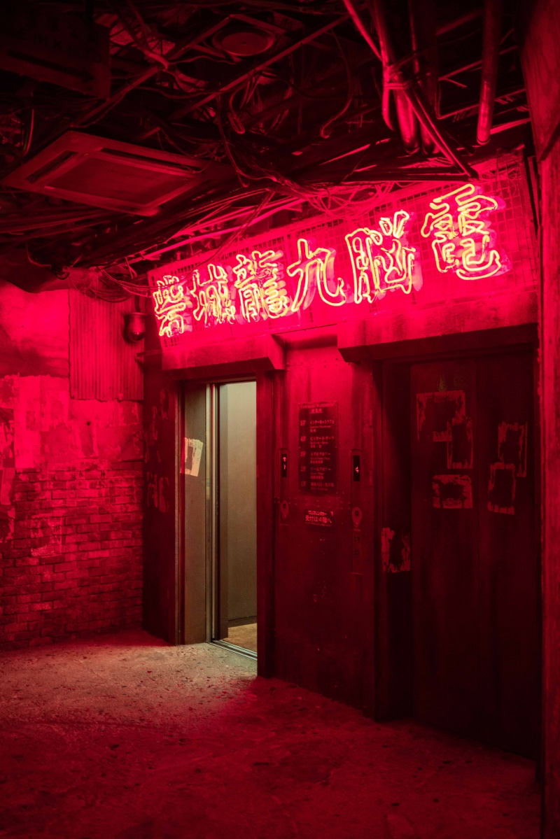 door, city, building Exterior, street, abandoned, cyberpunk, alley, elevator, built Structure, open, color Image, chinese writing, architecture, asia, tokyo
