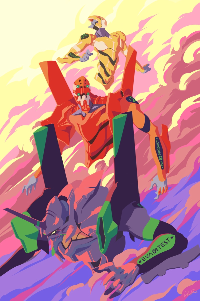 sunset, EVA Unit 00, EVA Unit 02, vertical, Rebuild of Evangelion, EVA Unit 01, 2D, clouds, 5K, Neon Genesis Evangelion, mech, fan art