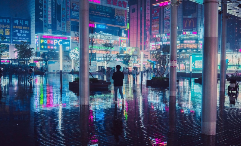 neon, waterfront, digital composite, architecture, reflections, starbuck, street, incidental people, building, city, building exterior, mcdonald, pc, office building exterior