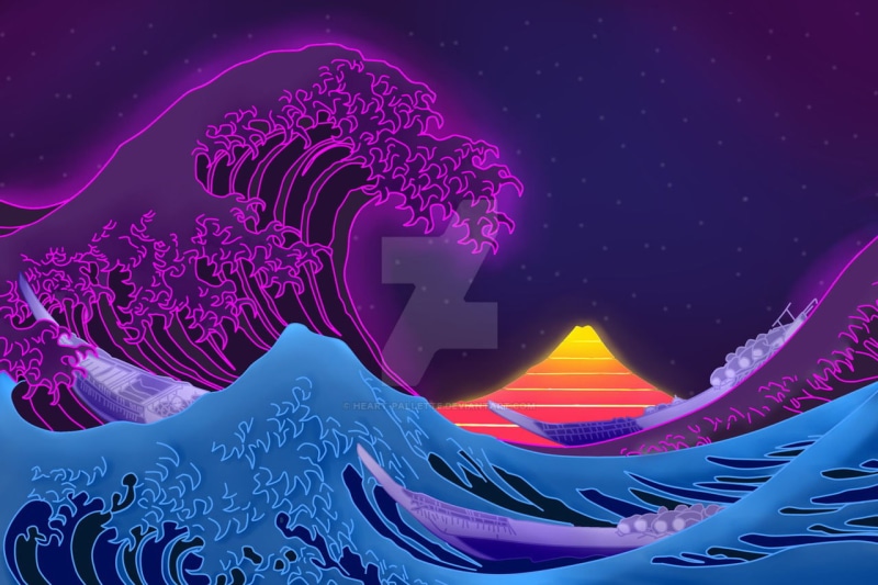vaporwave, The Great Wave off Kanagawa, synthwave, glitch art, Retrowave, neon, 720P, Sun