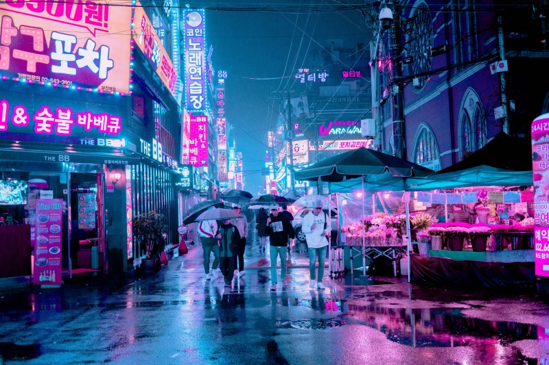 building exterior, beside, motion, street photography, neon, umbrella, flower, pink, city life, lighting equipment, rainy, street, building, communication