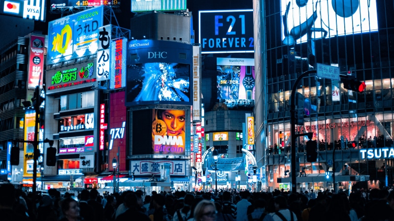 future, japan, city at night, road, tokyo, group of people, view, night time, advertisement, shibuya, street, architecture, urban landscape, aisa, office building exterior